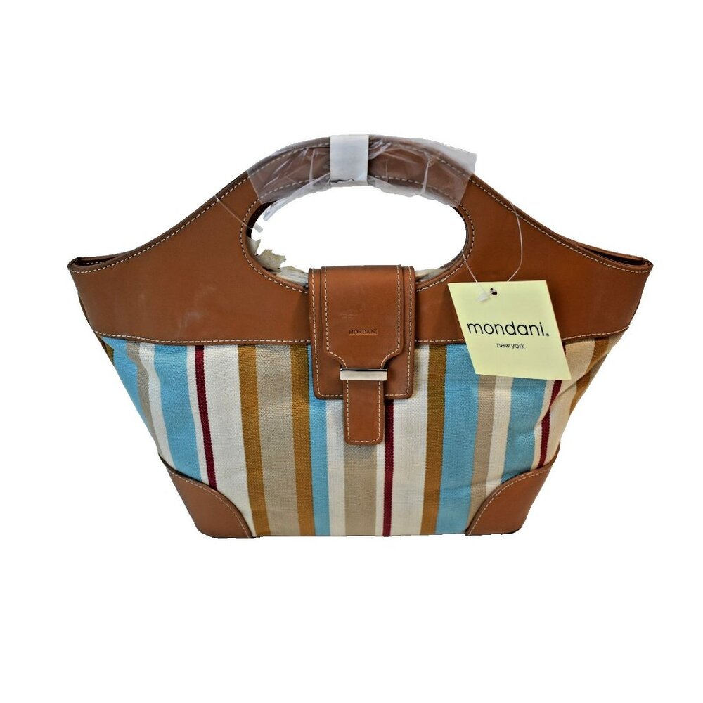 Mondani New York Faux Leather Striped Handbag Brown Multi Tote NWT